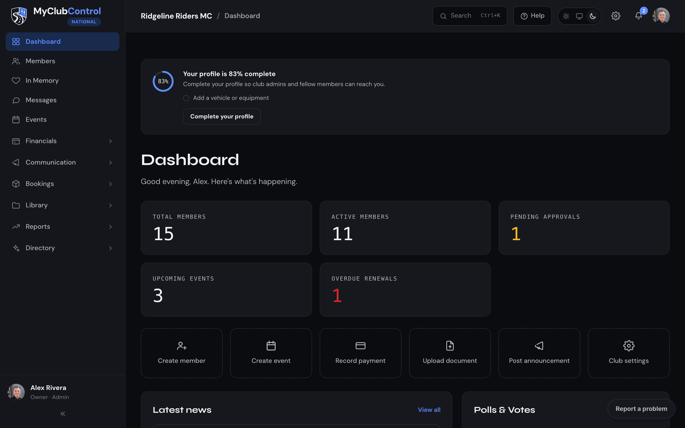 Nationale Ansicht des MyClubControl-Dashboards