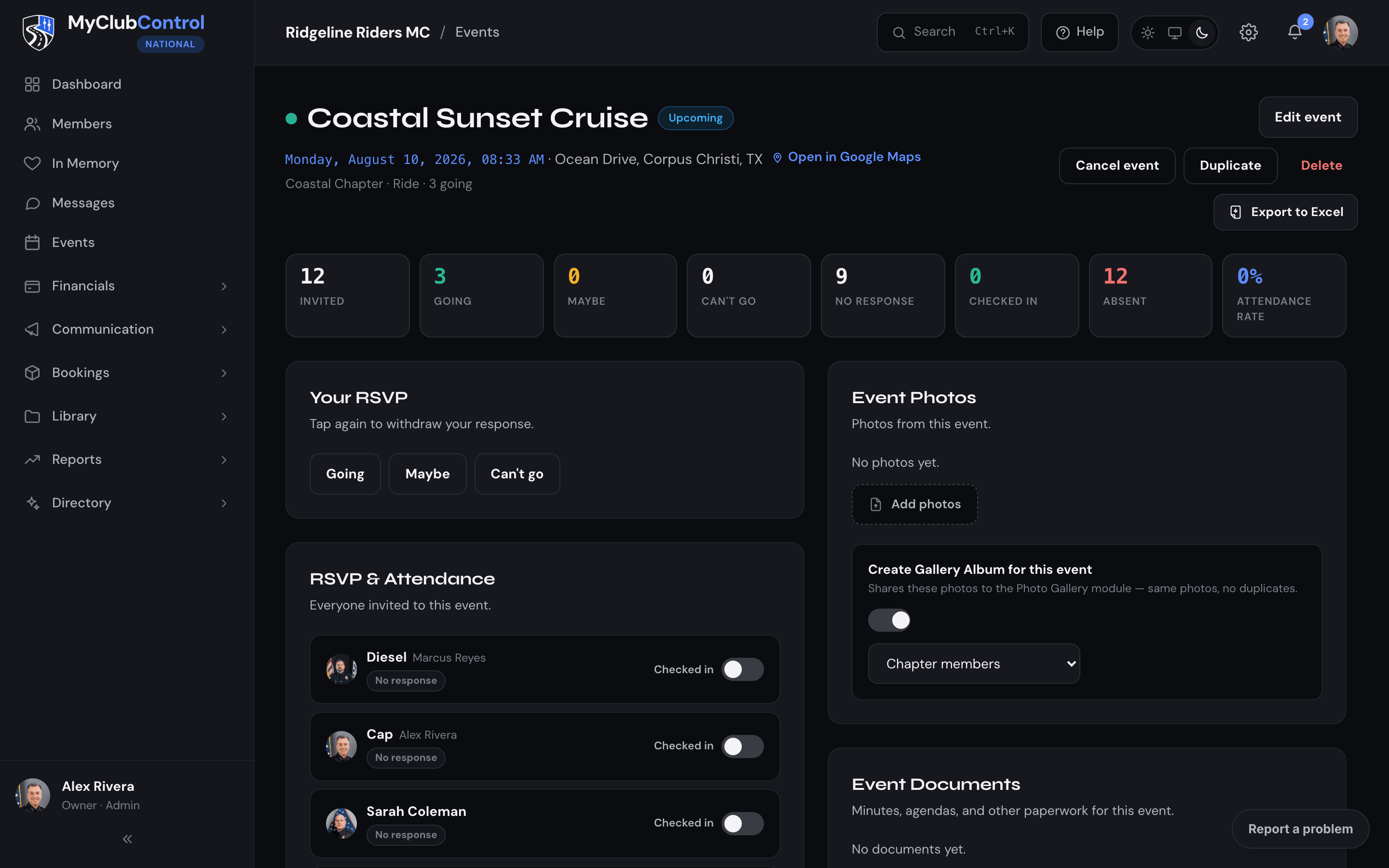 Sortie dans MyClubControl avec inscriptions et pointage à l'entrée