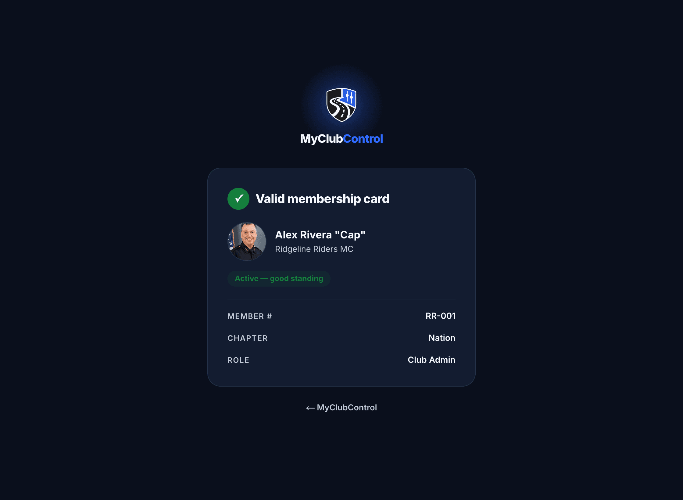 MyClubControl digital member card with QR