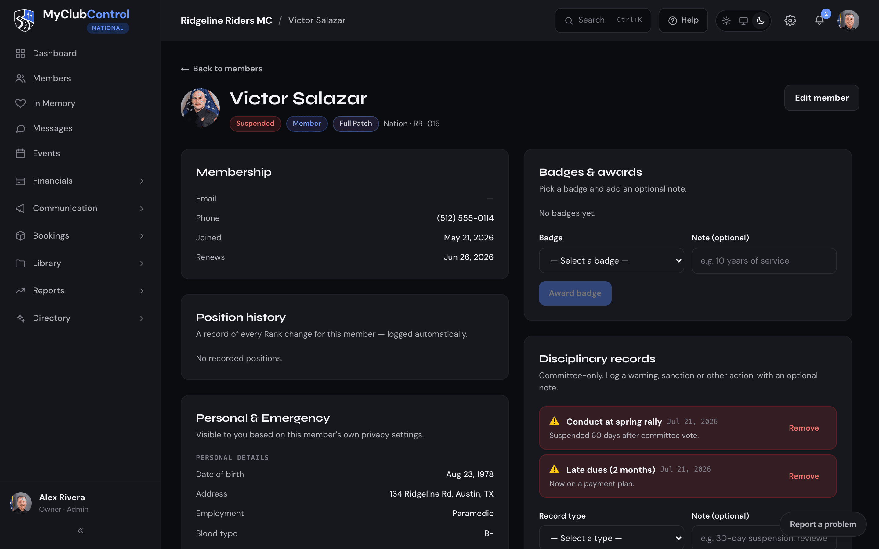 Mitgliedsprofil und -akte in MyClubControl