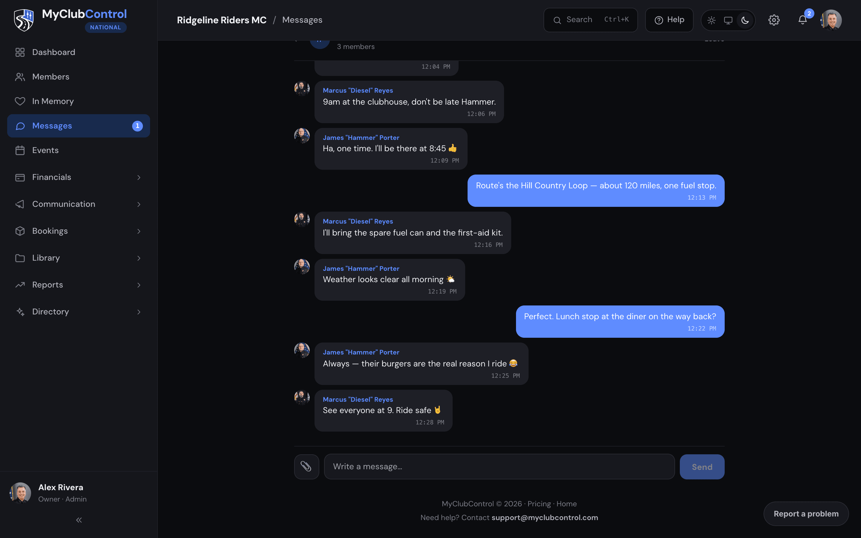 MyClubControl messaging screen