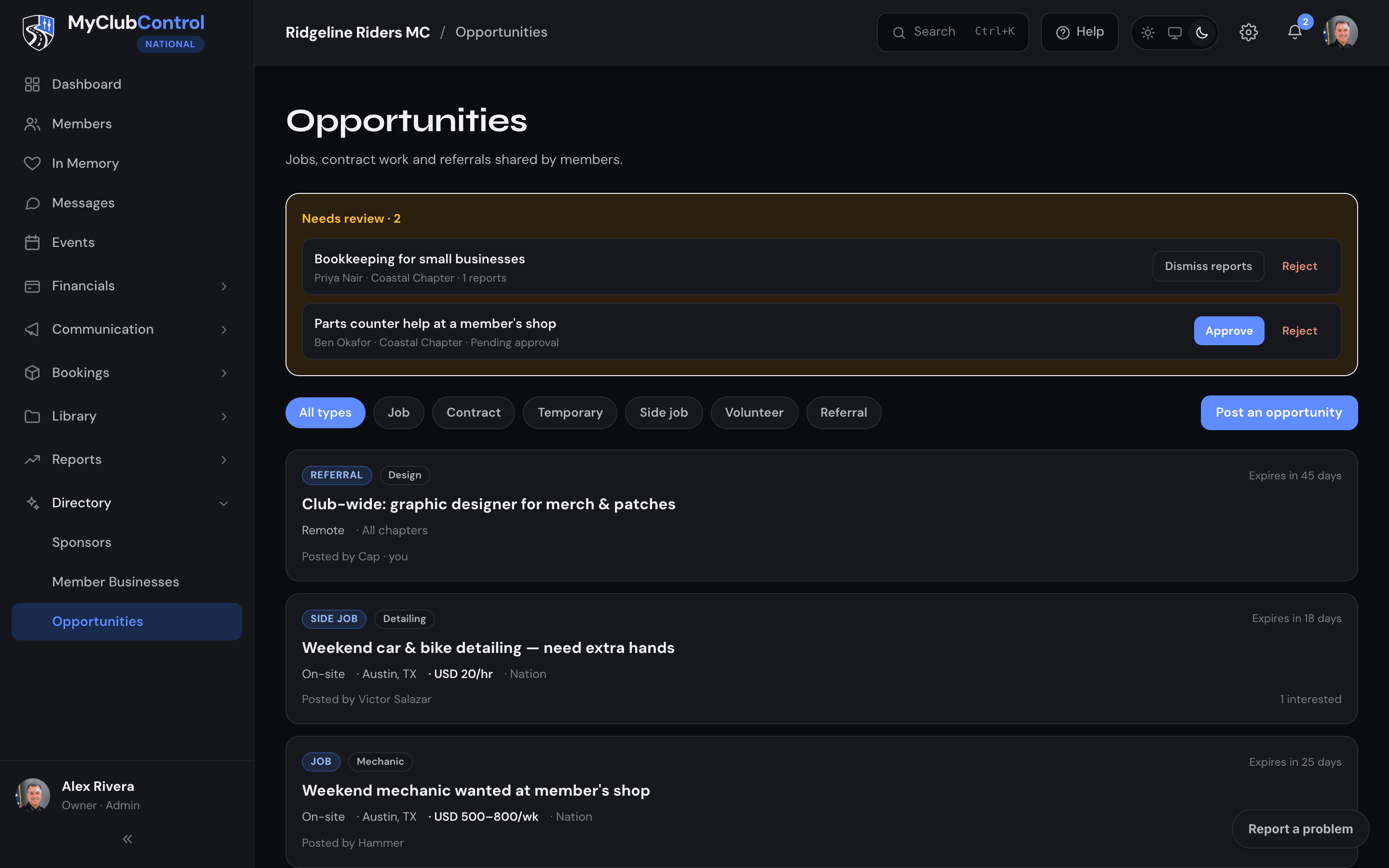 MyClubControl member opportunities board
