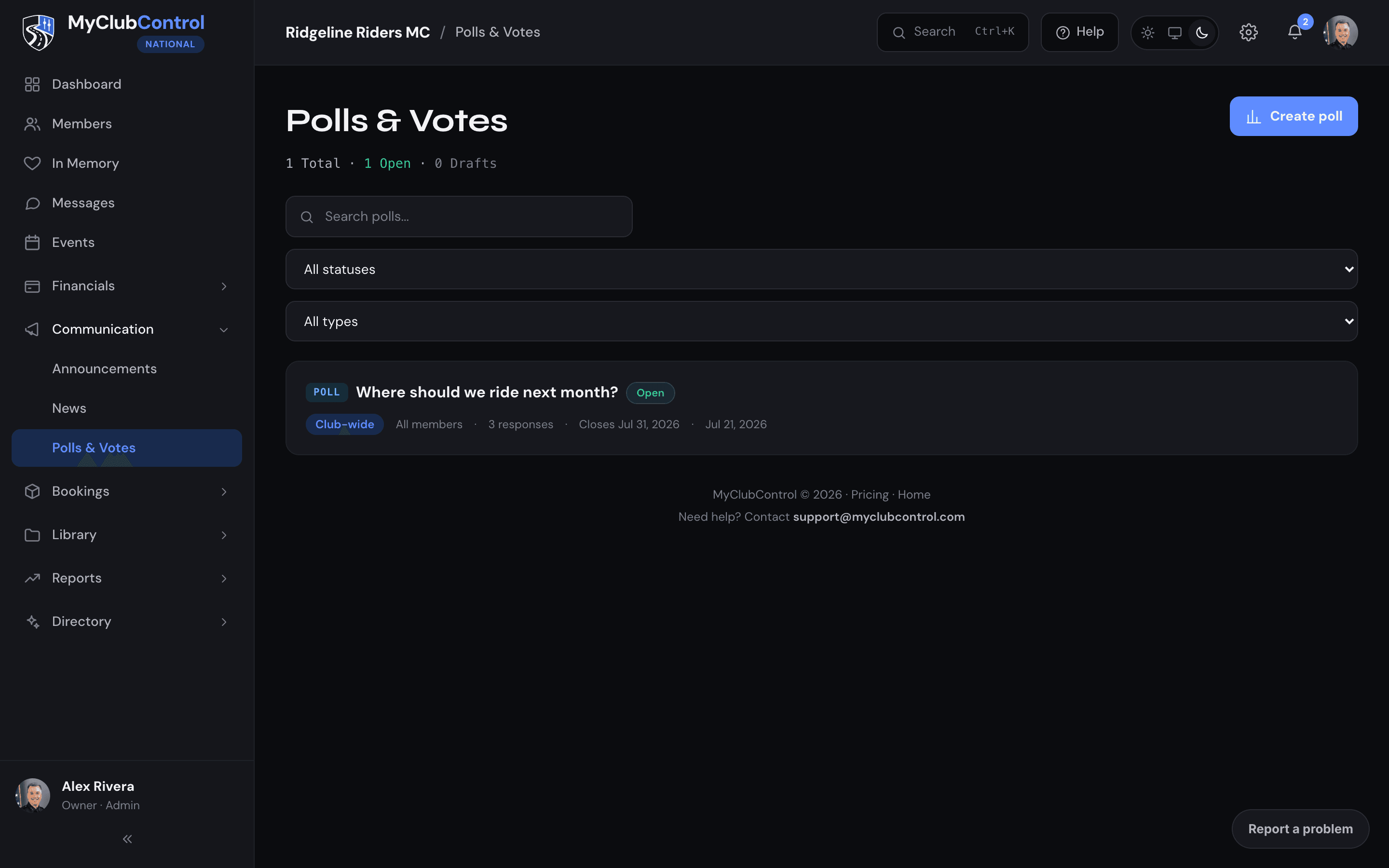Schermata sondaggi e votazioni di MyClubControl