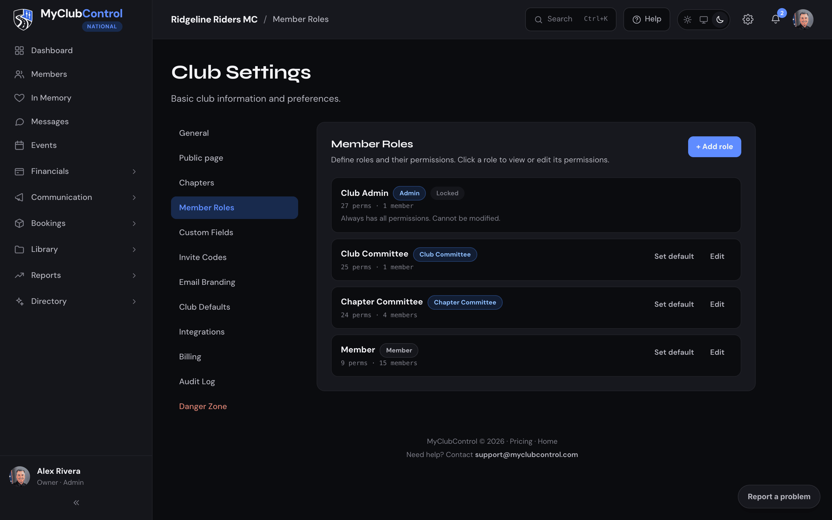 Impostazioni di ruoli e permessi di MyClubControl