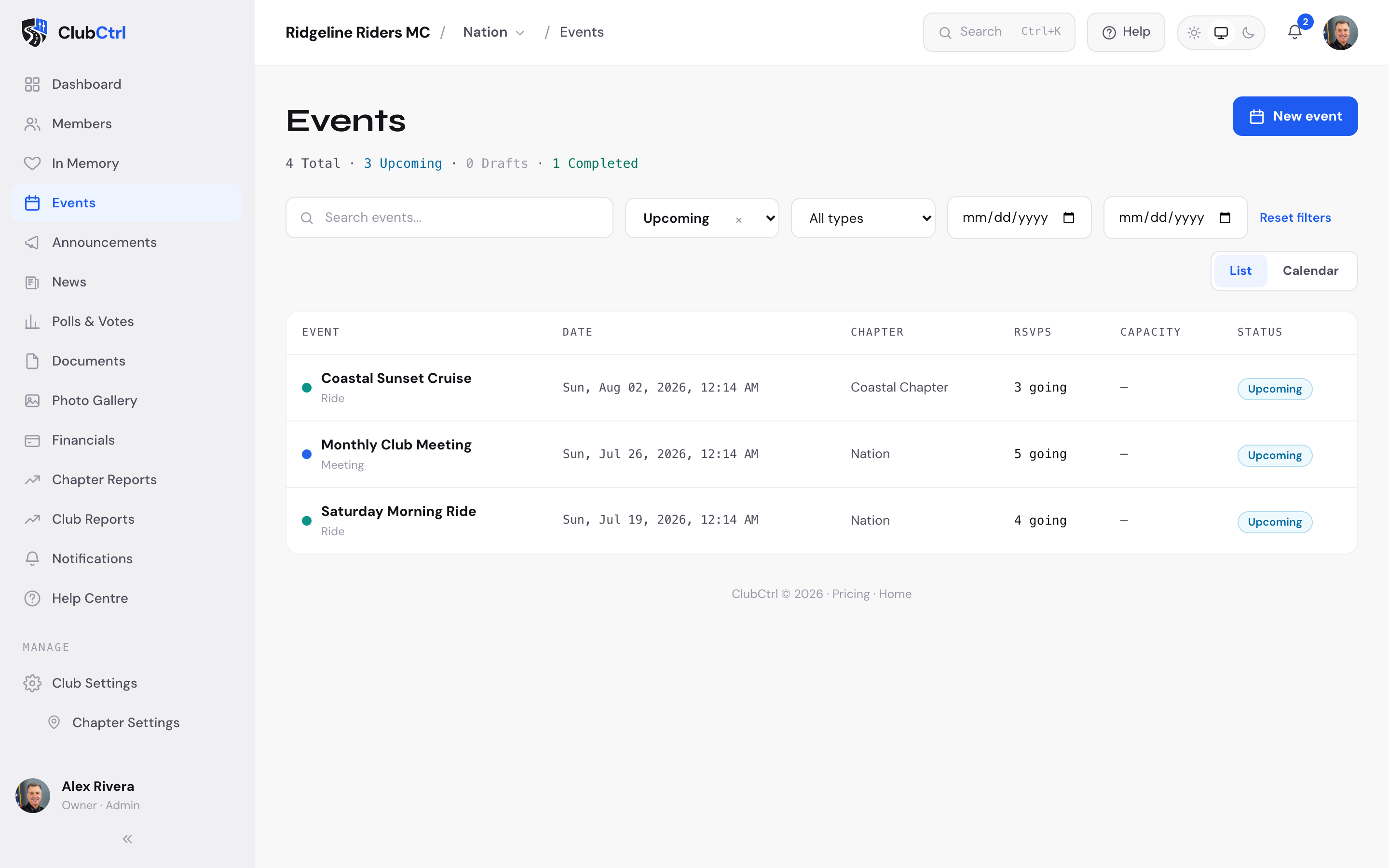 MyClubControl ride schedule