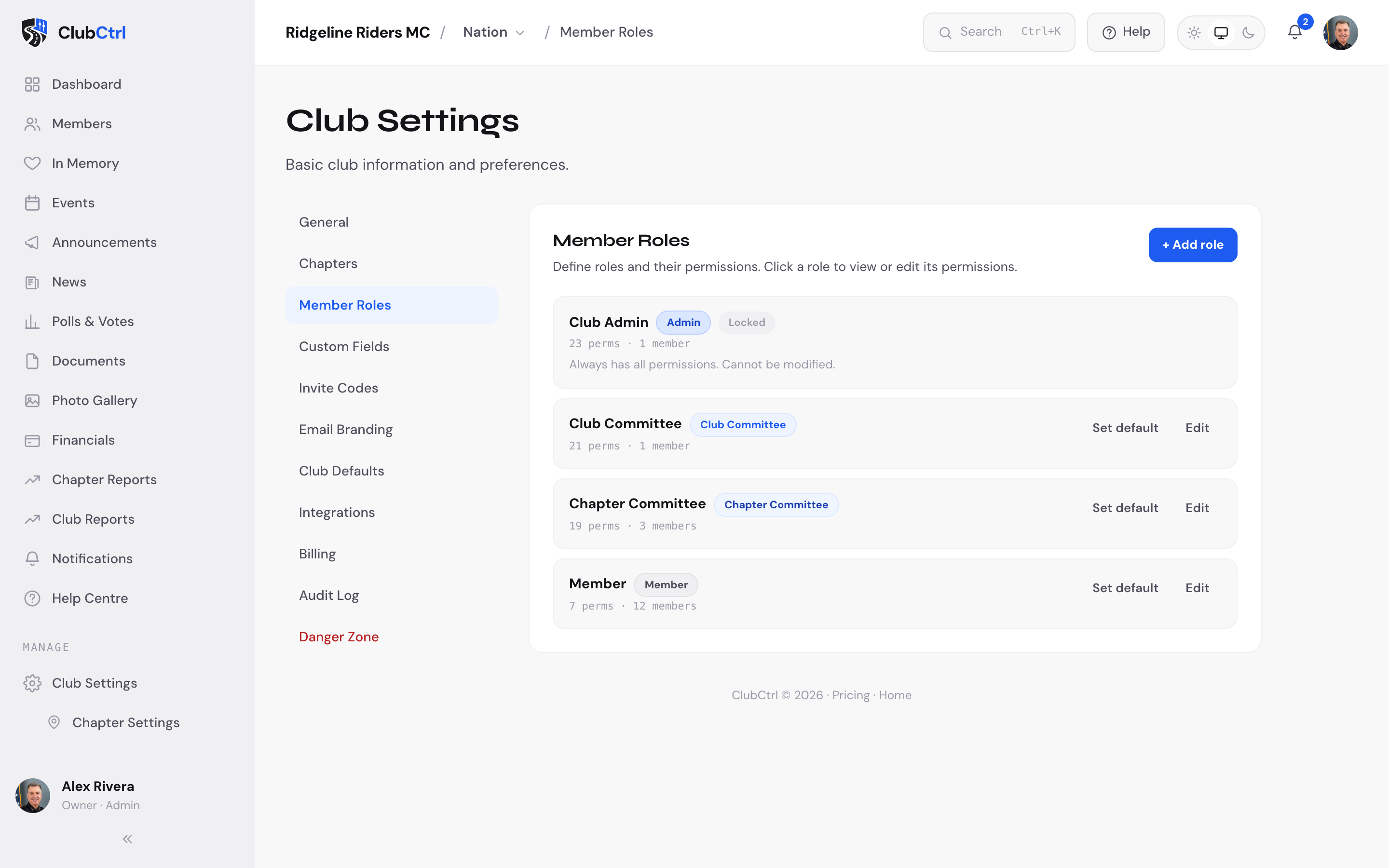 MyClubControl roles and permissions settings