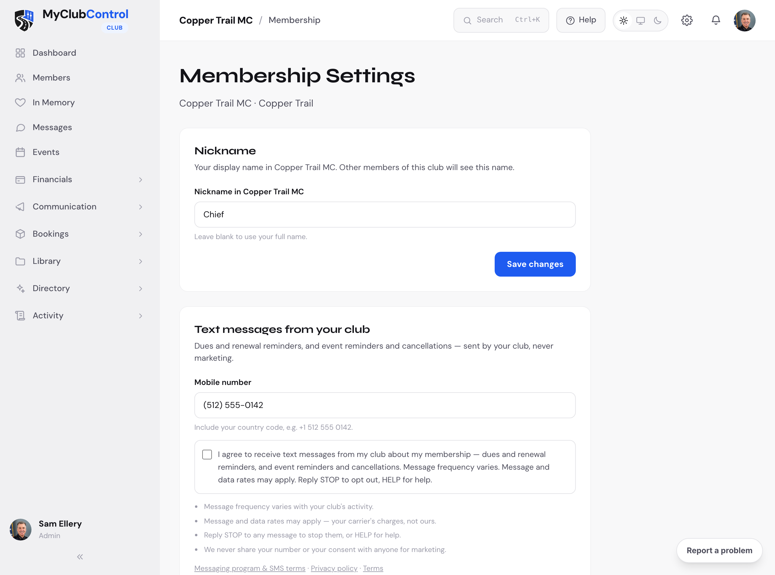 The Membership Settings page of a signed-in member, showing the text message section with an unticked consent checkbox