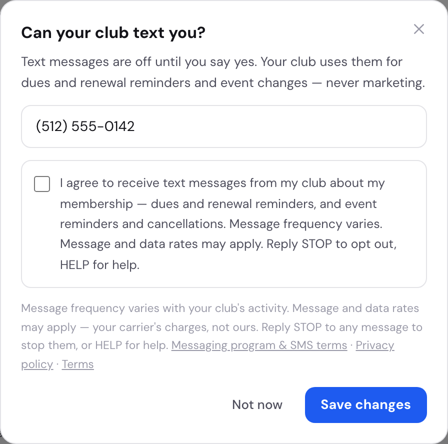 A dialog headed 'Can your club text you?' with a mobile number field, an unticked consent checkbox with the same wording, the disclosures, and the three links