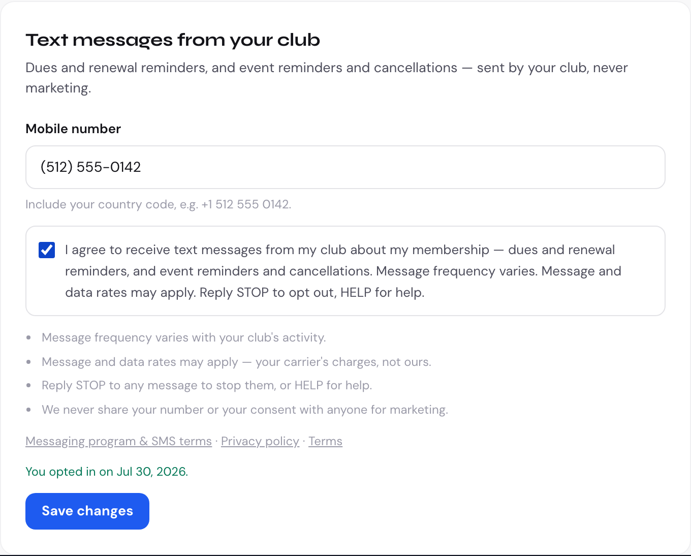 The same consent block after the member ticked the box and saved, now showing a ticked checkbox and the line 'You opted in on Jul 30, 2026'