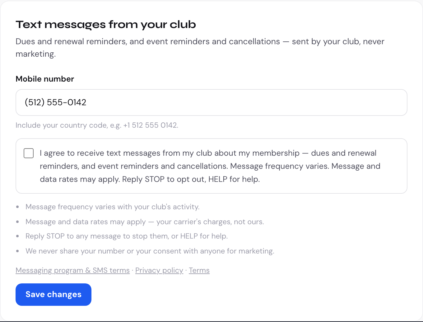 Close-up of the consent block: a mobile number field, an unticked checkbox with the agreement wording, four disclosures, and links to the messaging terms, privacy policy and terms of service